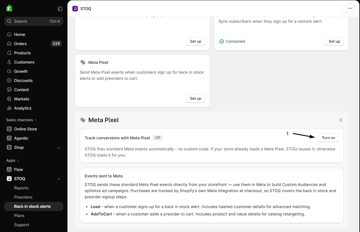 The expanded Meta Pixel panel with Track conversions with Meta Pixel Off and marker 1 on the Turn on button, above the Events sent to Meta list