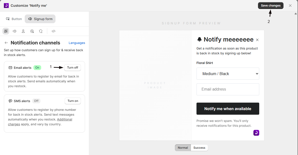 The Email alerts toggle switched off