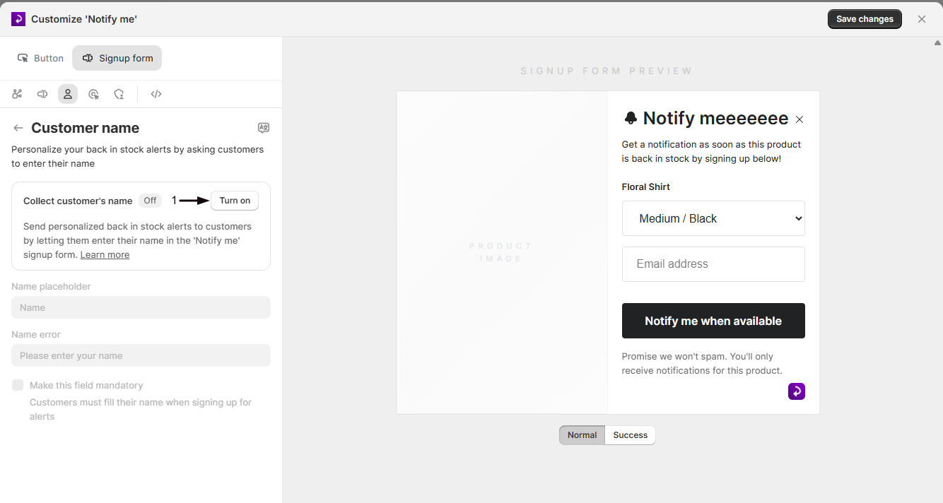 The Collect customer's name toggle turned on