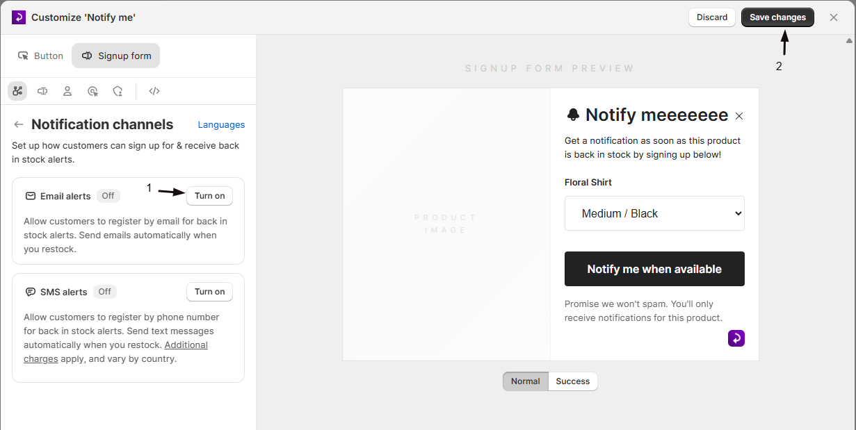 The Email alerts toggle turned on