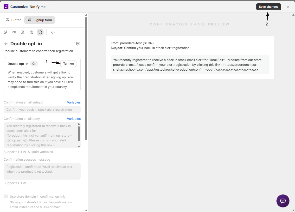 The Double opt-in toggle turned on