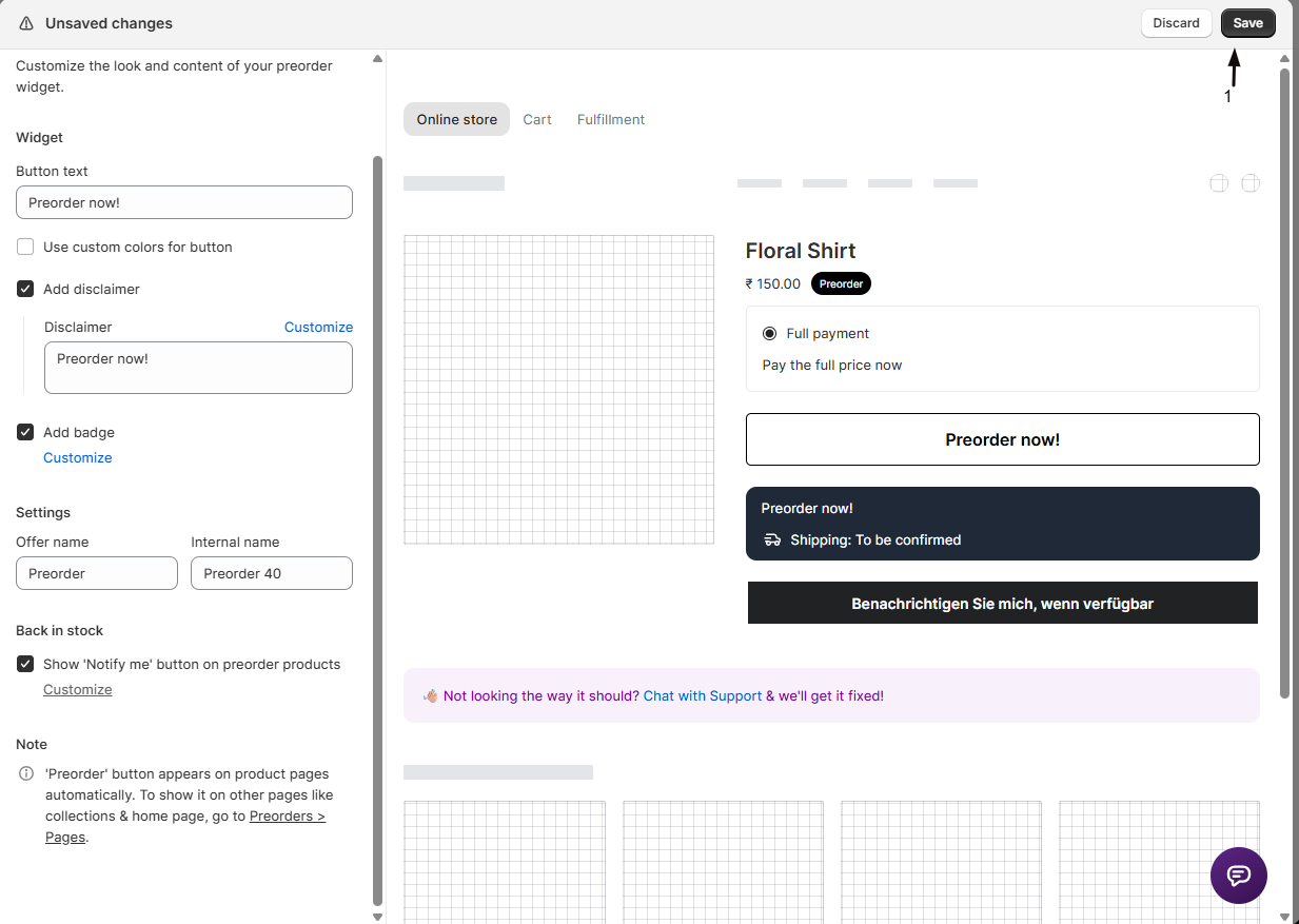 The Save changes button in the widget editor