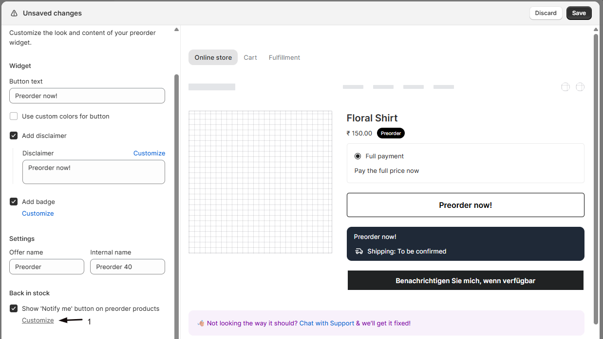 The Customize link for styling the Notify me button