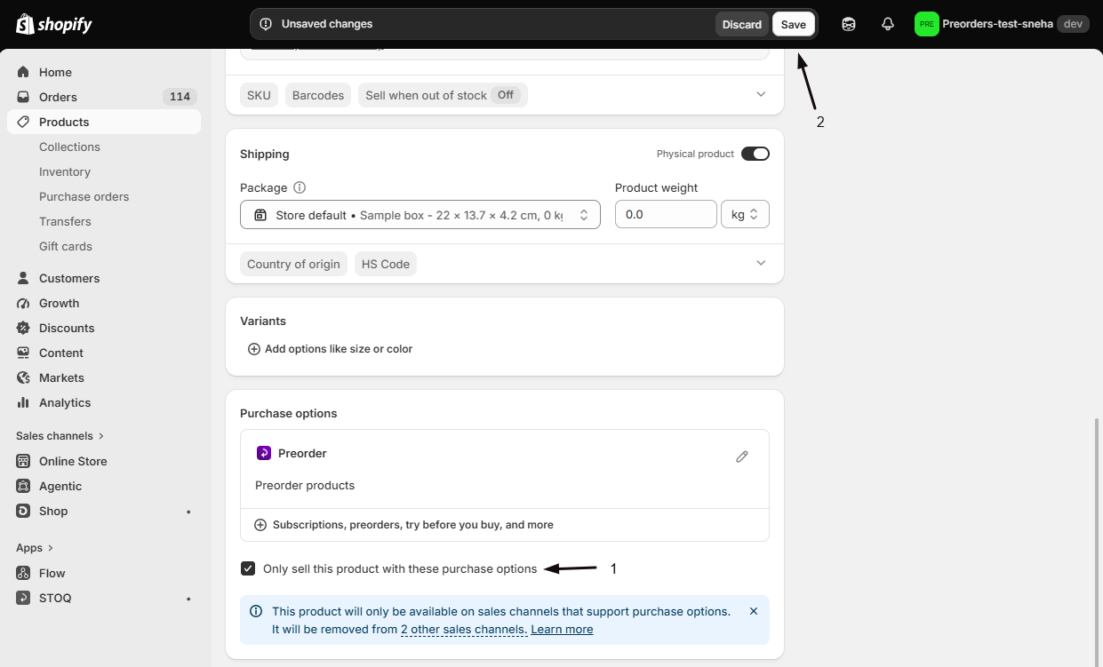 The Shopify Purchase options section with the Only sell with these purchase options checkbox checked