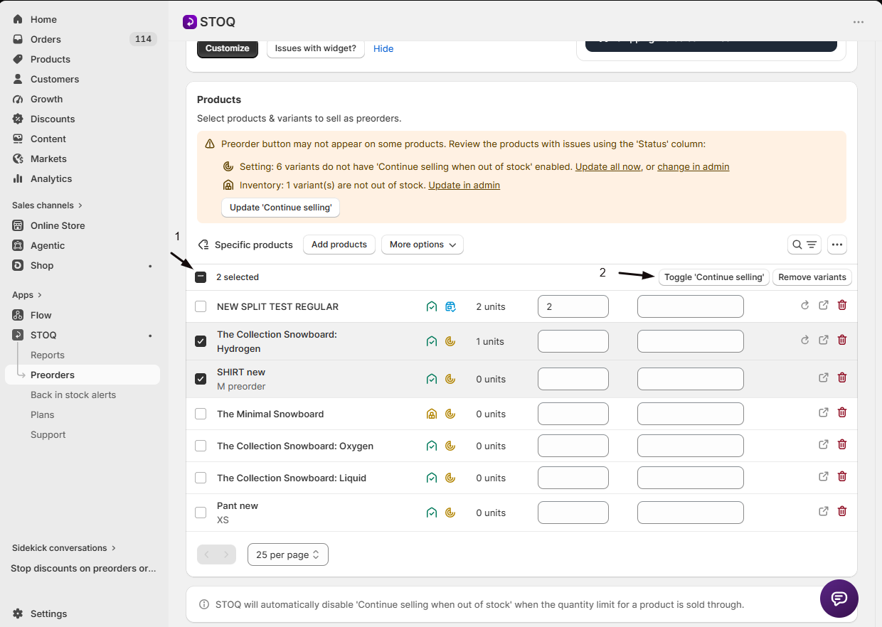 Selecting variants in the Products section and the Toggle continue selling action