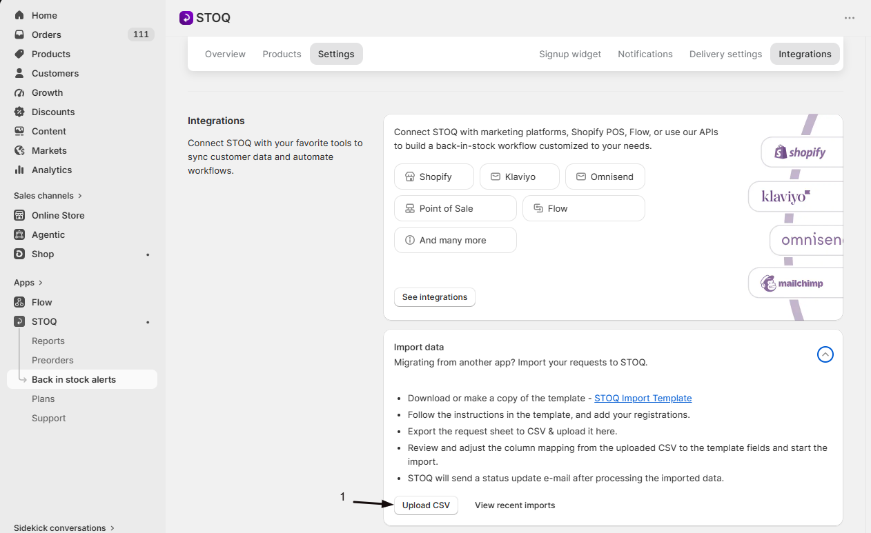 The Upload CSV button on the Import data card