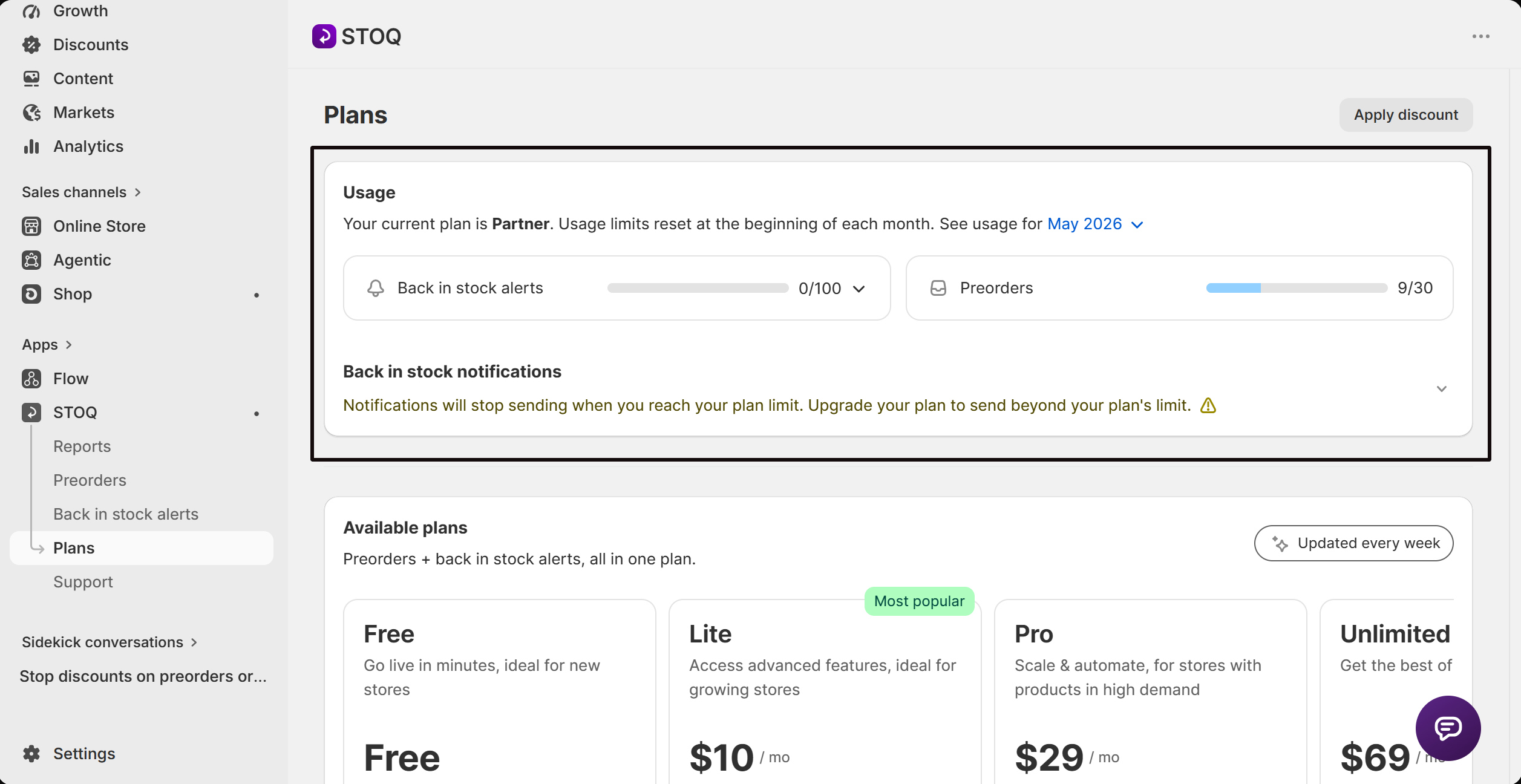 The Usage card at the top of the Plans page