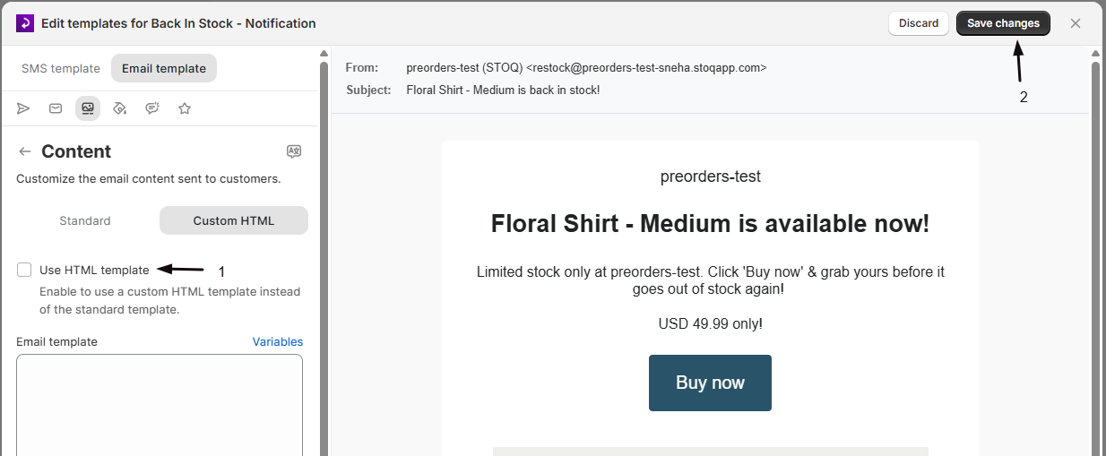 The Use HTML template checkbox turned on