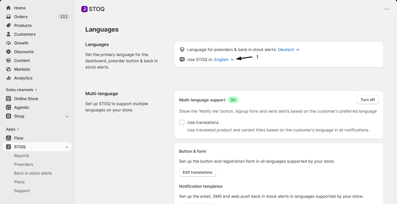 The Use STOQ in dashboard language selector
