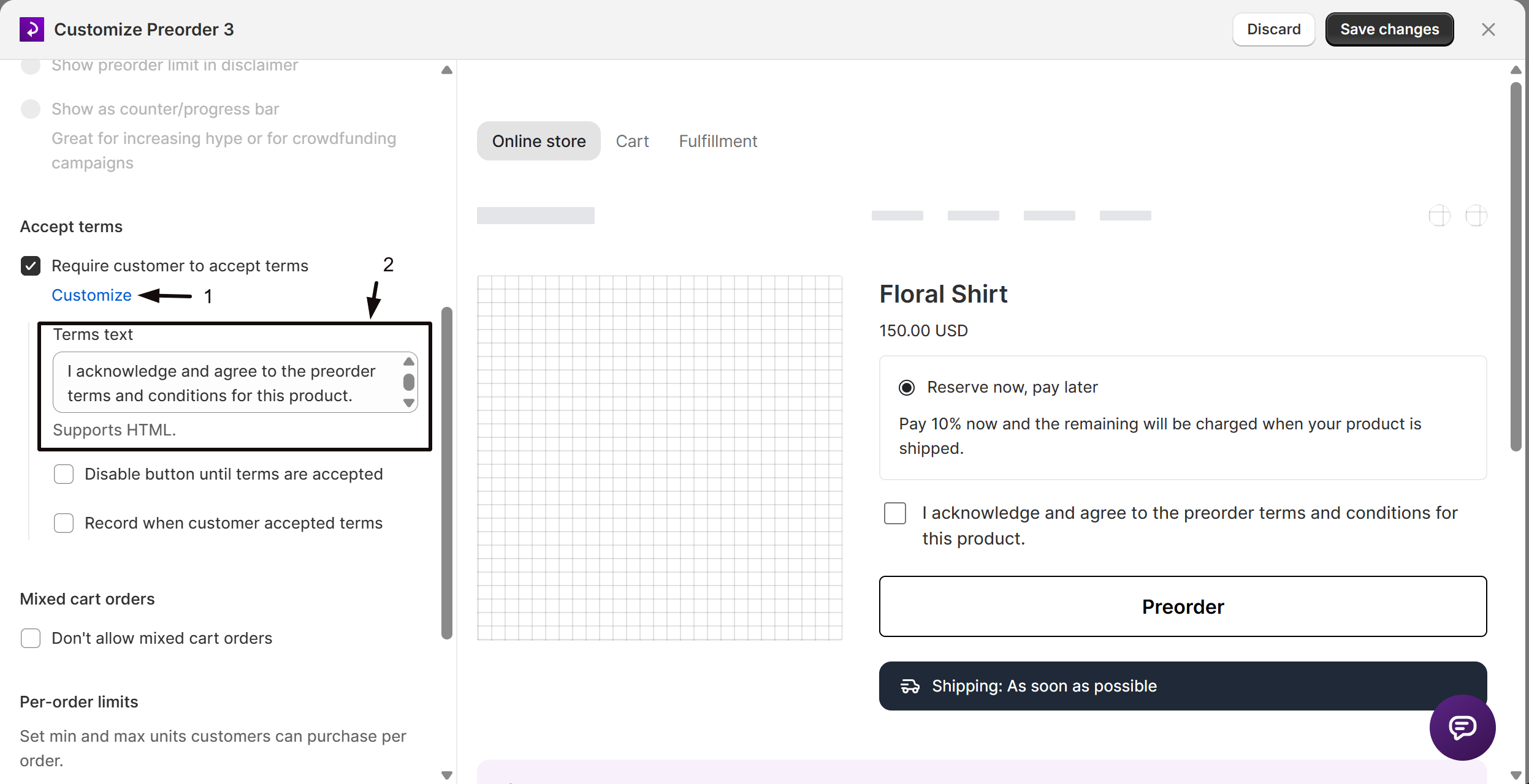 The Terms text field and accept-terms options