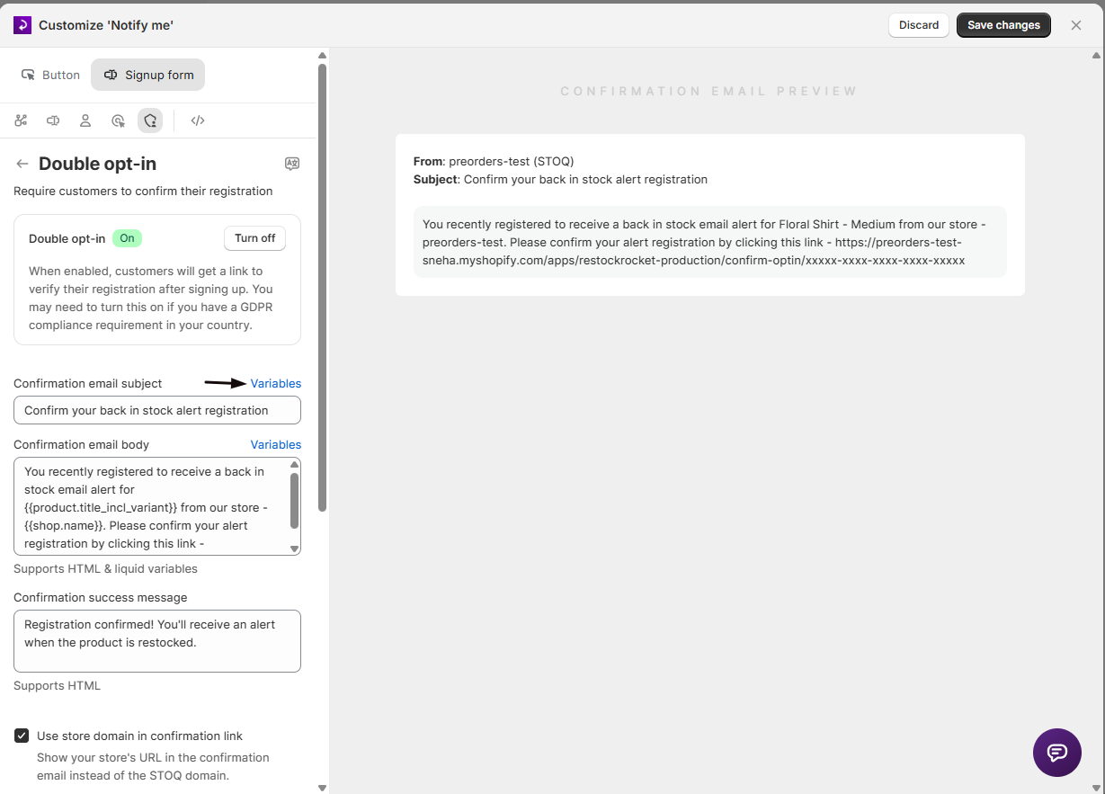 The Variables list of Liquid variables for the confirmation email