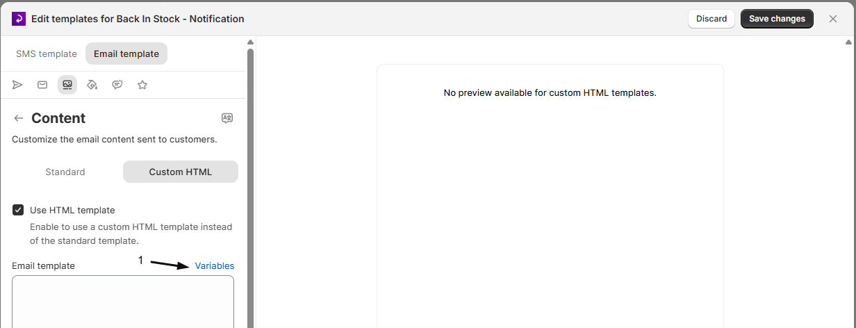 The Email template field with the Variables inserter