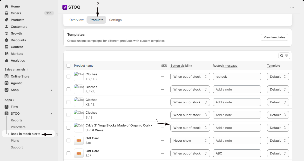 The Button visibility column in Back in stock alerts Products, set to Always show for testing