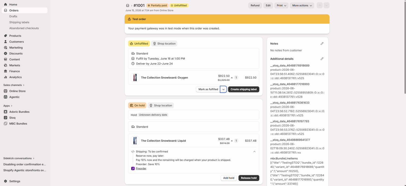 The Shopify order with the preorder product on hold
