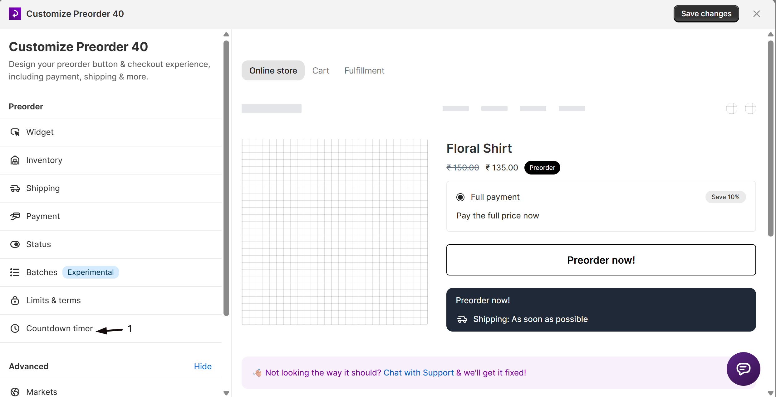 The Countdown timer section in the offer editor