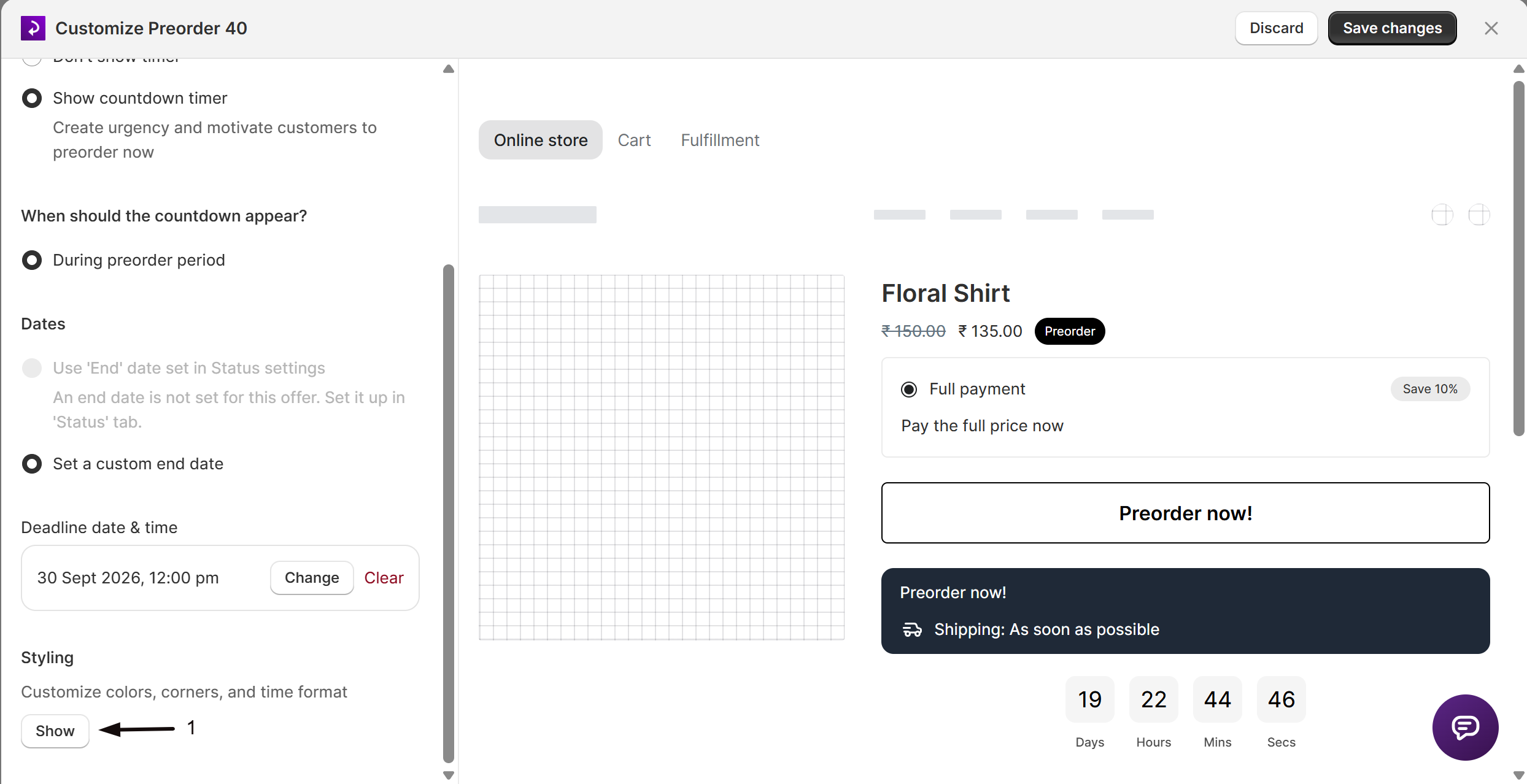 The countdown timer styling options
