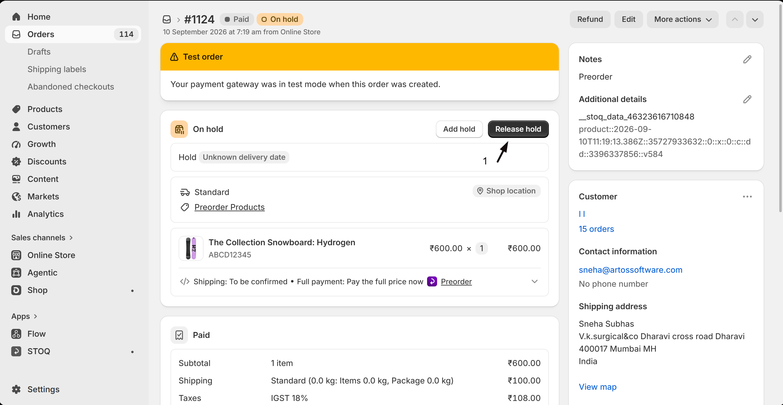 The Release hold button in the Shopify admin order fulfillment section