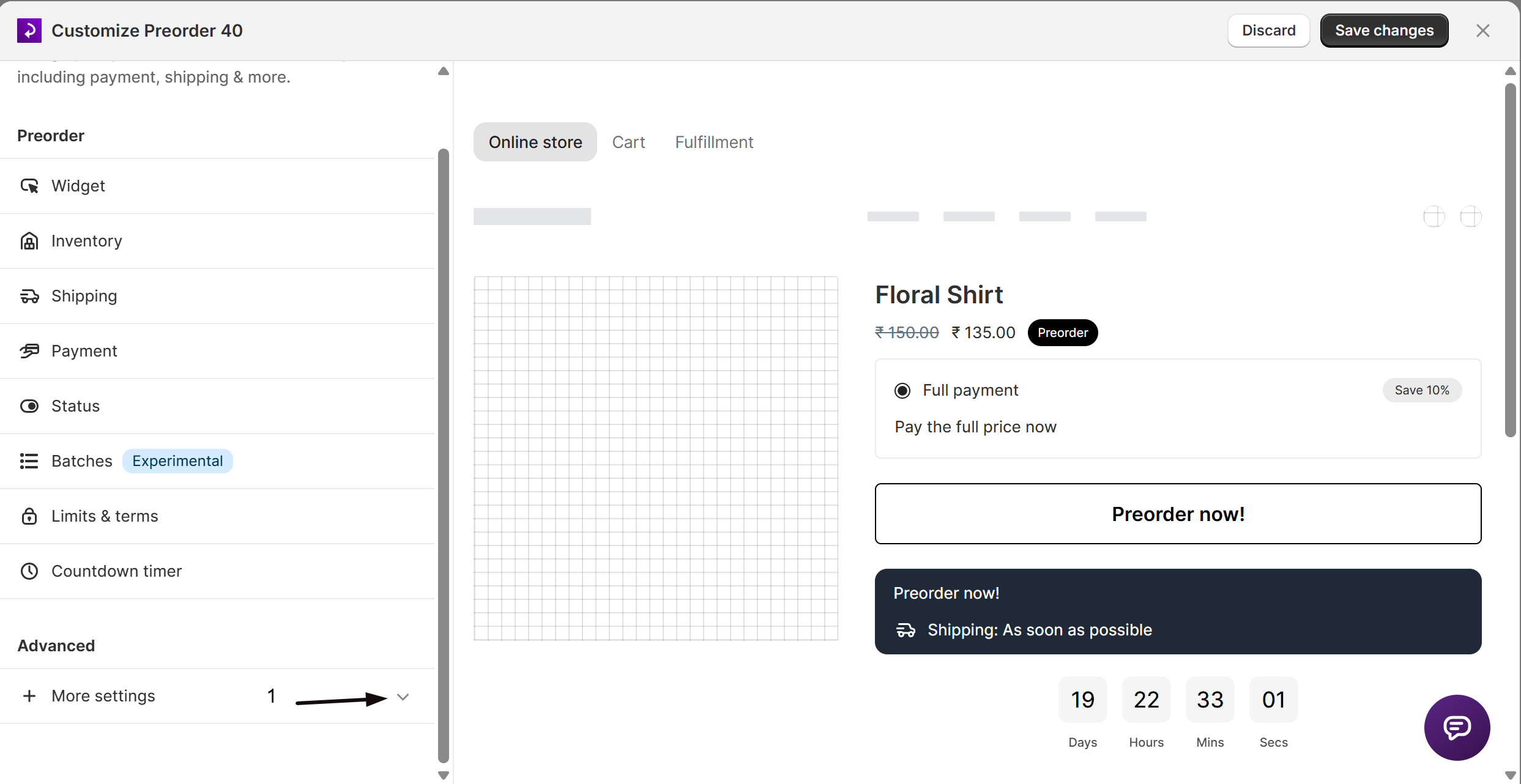 The More settings group expanded in the offer editor