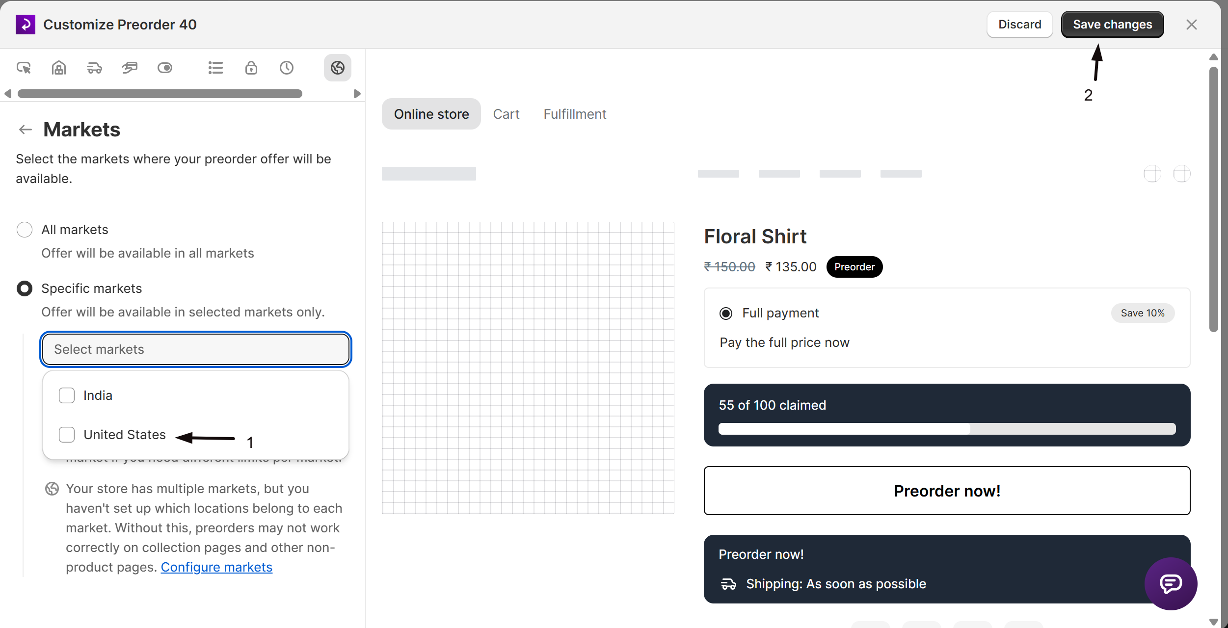 The market picker with selected markets shown as tags