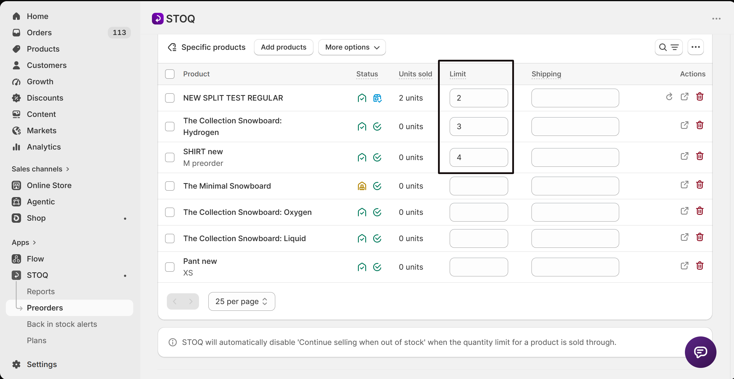 The Quantity limit field on a variant in the Products tab