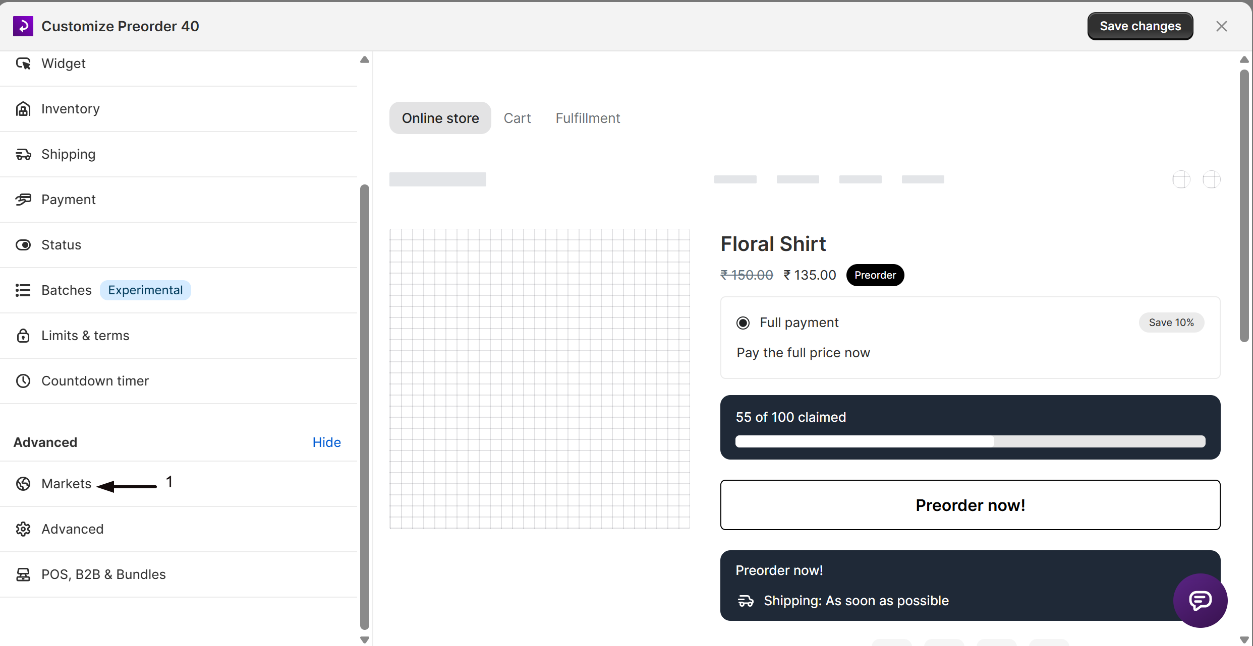 The Markets section in the offer editor